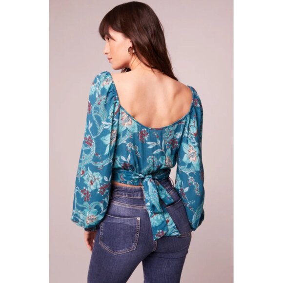 Band of the Free Sybille Teal Floral Crossover Crop Top Sz Small Womens Deep Tea - Picture 2 of 13